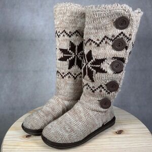 Muk Luks Tall Knit Boots Women 6 Tan Brown Fair Isle Snowflake Good Condition